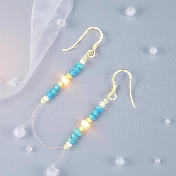 Dainty Blue Apatite & Pearl Earrings • Amazonite • 925 Sterling Silver Handmade - Picture 6 of 9